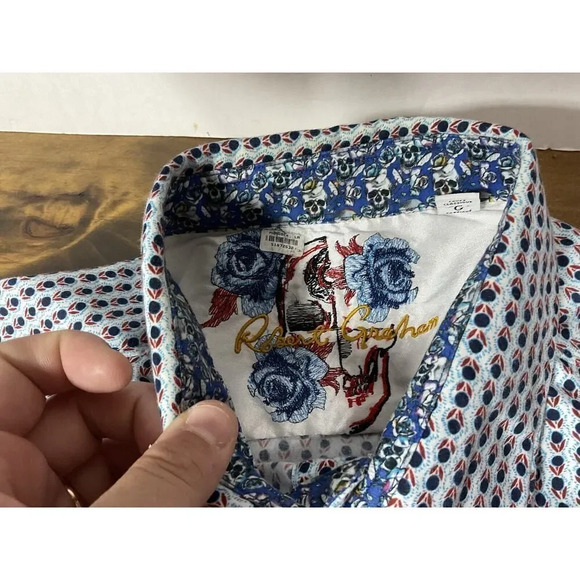 Robert Graham Shirt Mens Large L Blue Print Button Up Classic Fit Short Sleeve - Picture 6 of 12